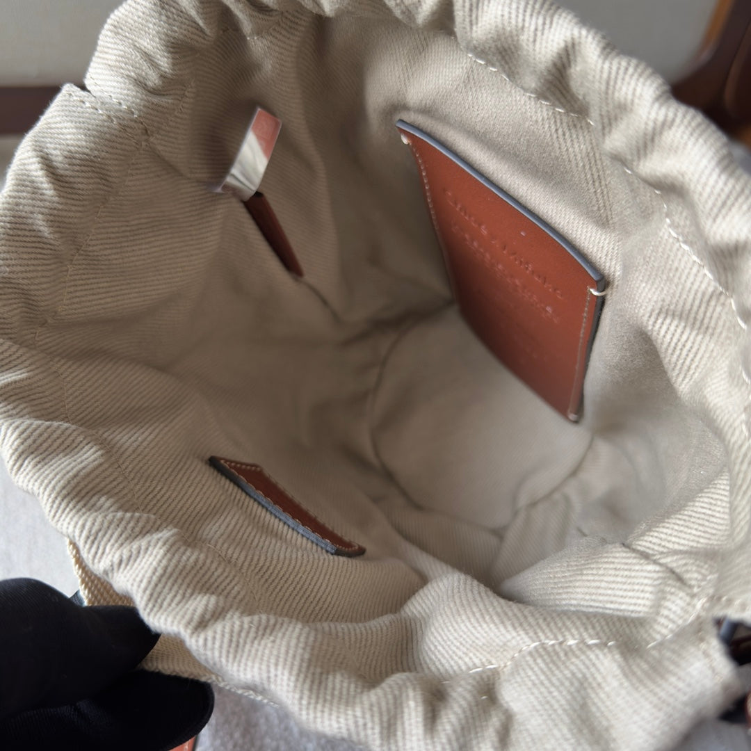 MY MELODY SMALL WOODY BASKET 17 IN NATURAL FIBERS BEIGE WEBBING BROWN CALFSKIN