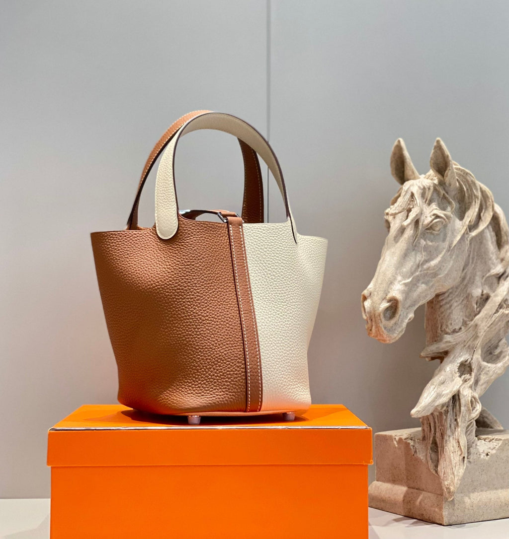HERMES 25S PICOTIN LOCK 18 IN WHITE AND BROWN CALFSKIN SILVER HARDWARE