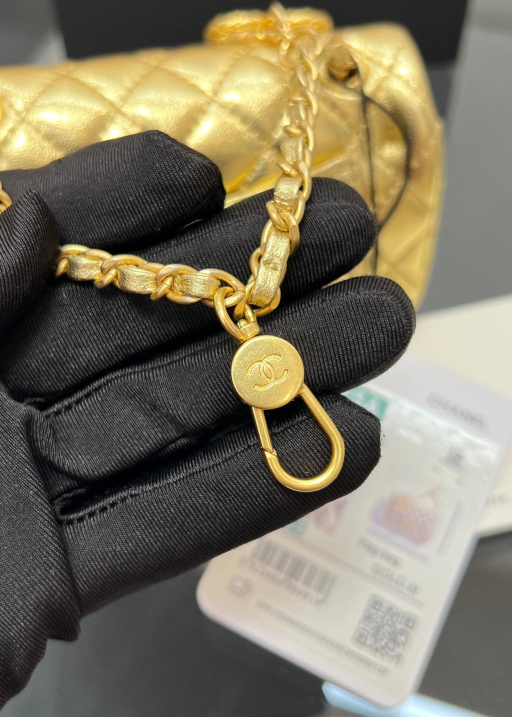 CHANEL 25S FLAP CHARM BAG 13 IN GOLD METALLIC LAMBSKIN