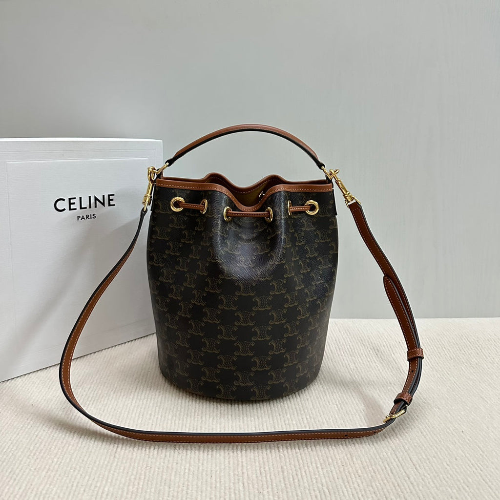 CELINE CLARA BAG 24 IN BLACK TRIOMPHE CANVAS AND BROWN CALFSKIN TRIM