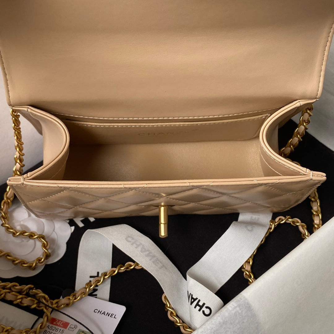 CHANEL 25S MINI FLAP BAG 19 IN TAN BROWN CALFSKIN GOLD HARDWARE