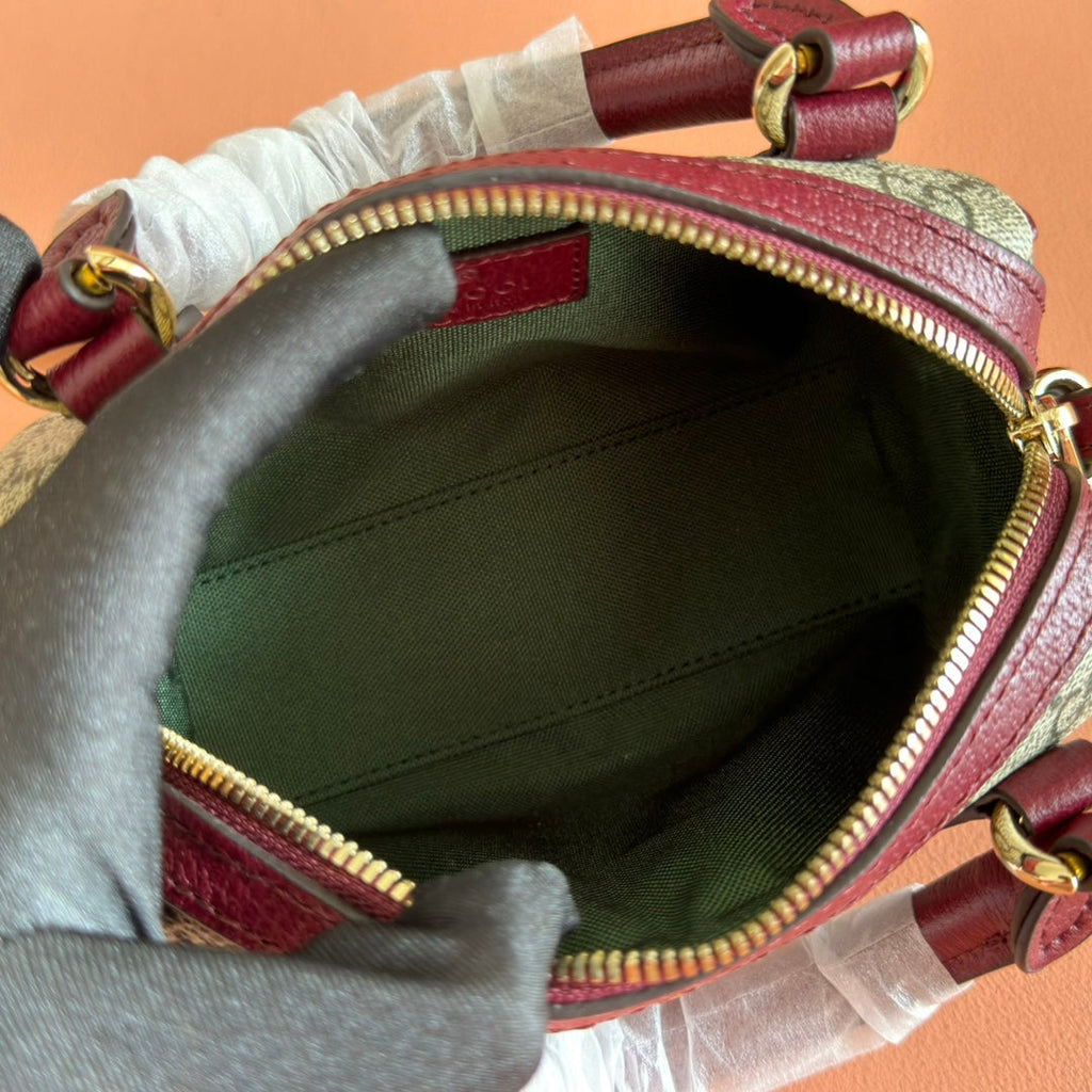 GUCCI 25S OPHIDIA MINI BOSTON BAG 16 IN BEIGE CANVAS AND ROSSO ANCORA CALFSKIN