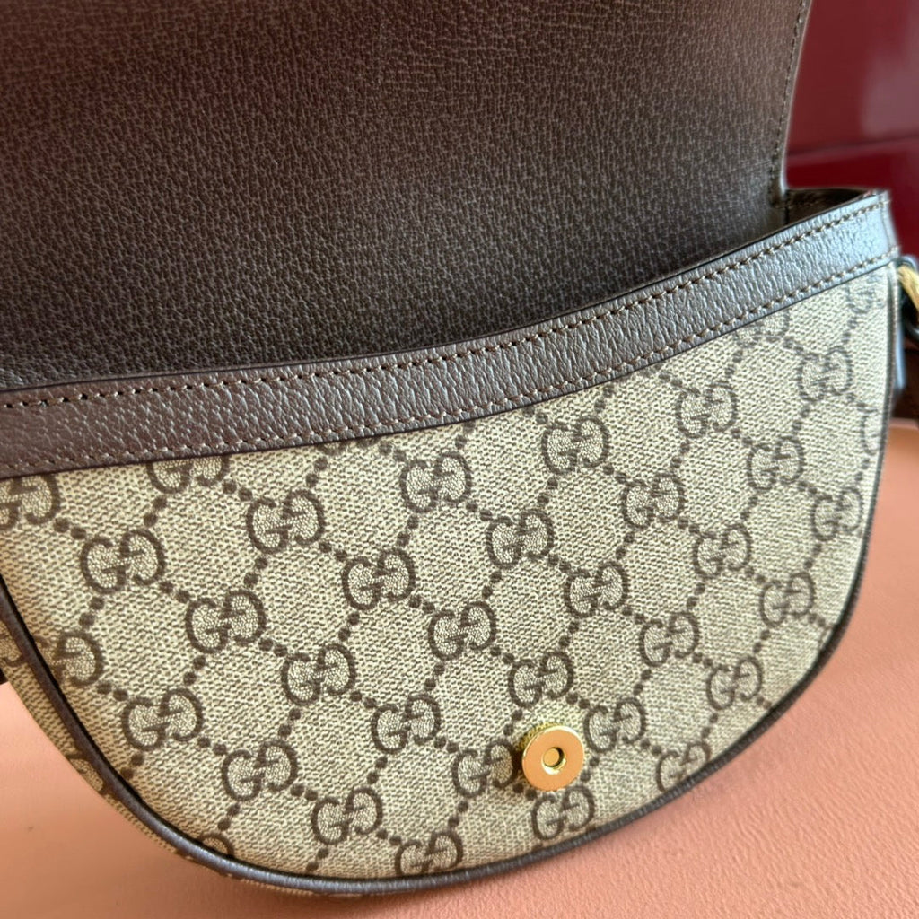 GUCCI 25S OPHIDIA MINI BAG 20 IN BEIGE CANVAS AND BROWN CALFSKIN