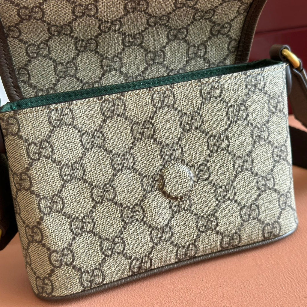 GUCCI 25S OPHIDIA BAG 18 IN BEIGE CANVAS AND BROWN CALFSKIN GOLD HARDWARE