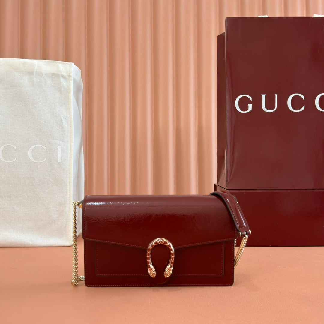 GUCCI 25S DIONYSUS WALLET ON CHAIN 20 IN ROSSO ANCORA GLOSSY CALFSKIN