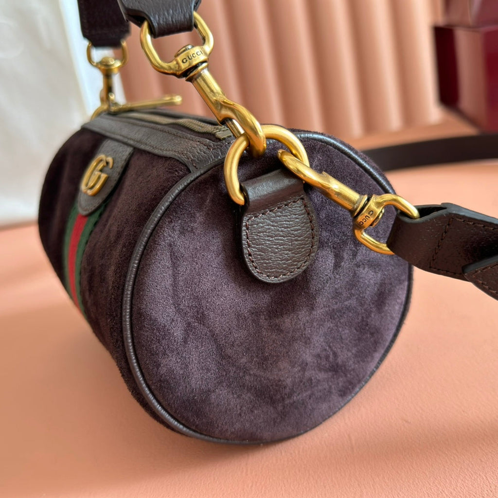 GUCCI 25S OPHIDIA MINI SHOULDER BAG 19 CM IN DARK CHOCOLATE BROWN SUEDE
