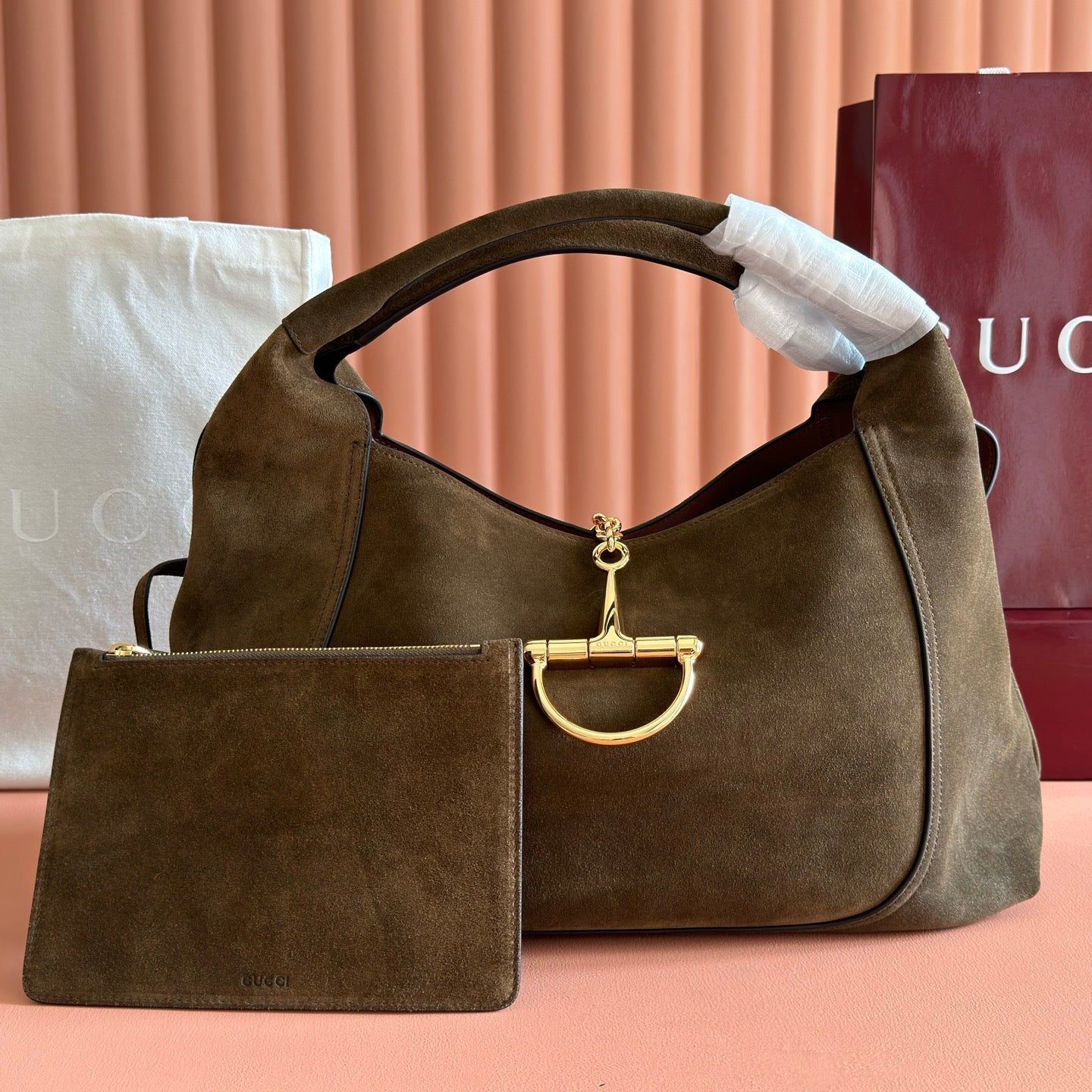 GUCCI 26S SOFTBIT SHOULDER BAG 46 IN DARK BROWN SUEDE