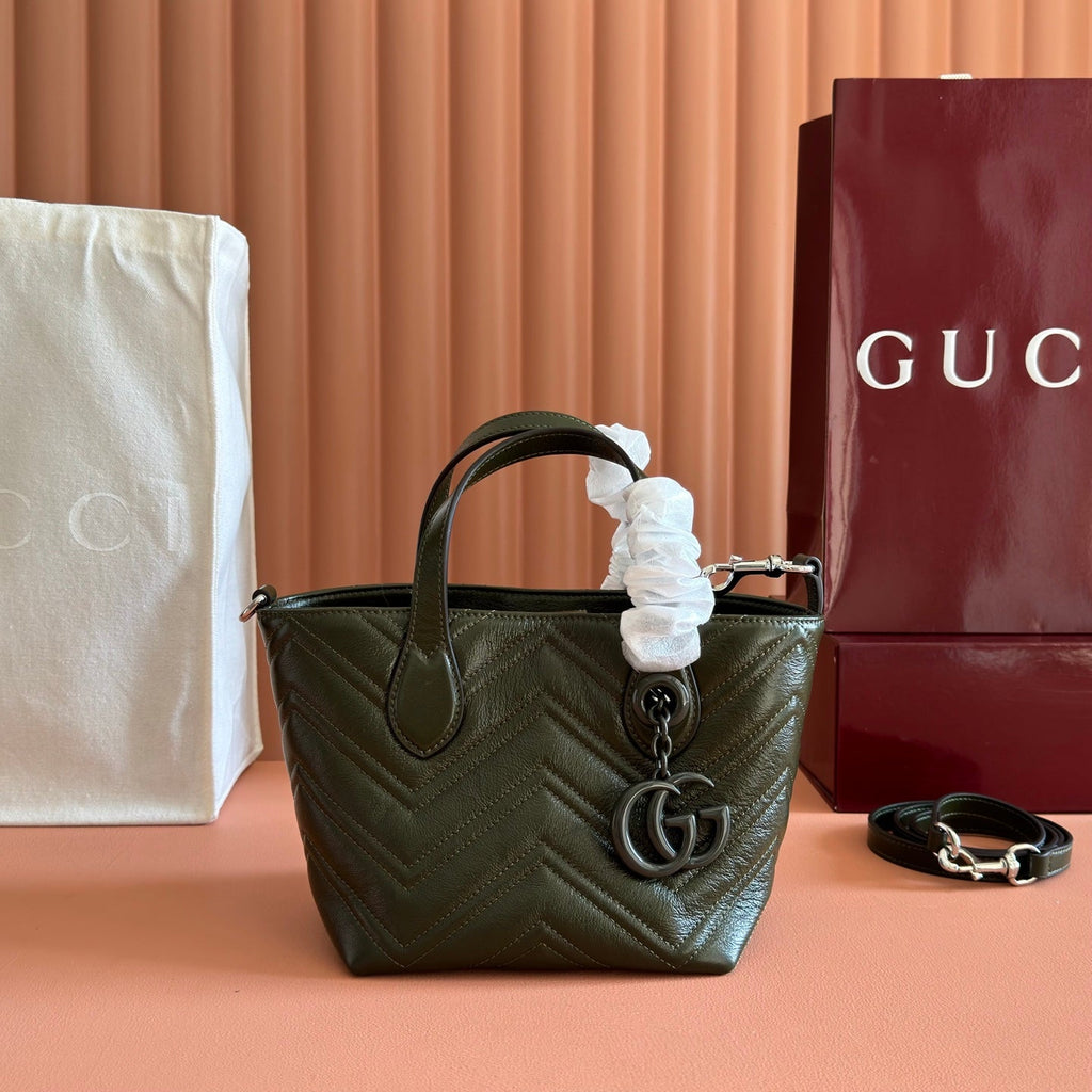 GUCCI 26S  MARMONT TOTE BAG 17 IN MOSS GREEN CALFSKIN