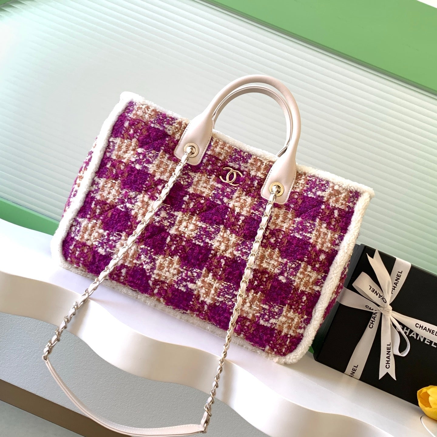 CHANEL 25S SHOPPING BAG 40 IN DARK PINK MIX WHITE TWEED